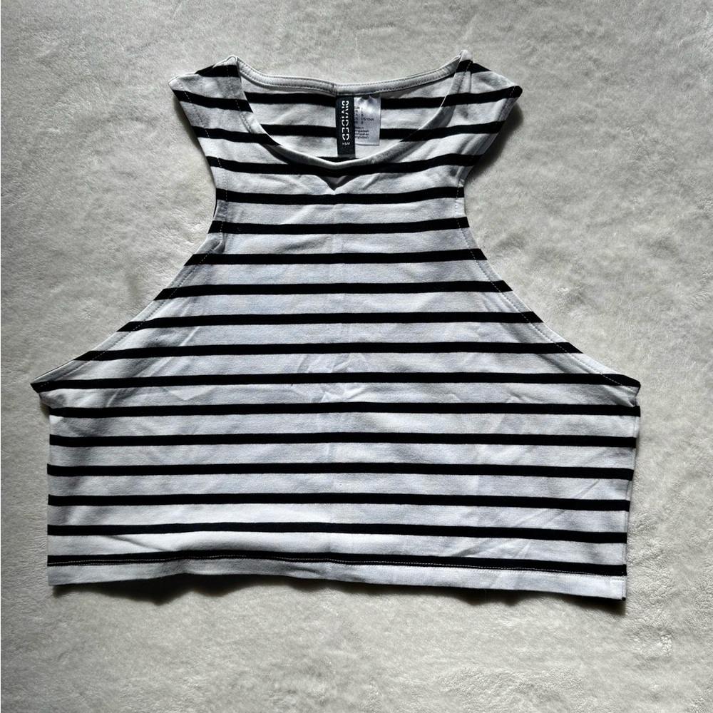 Divided Black and White Striped Crop Top